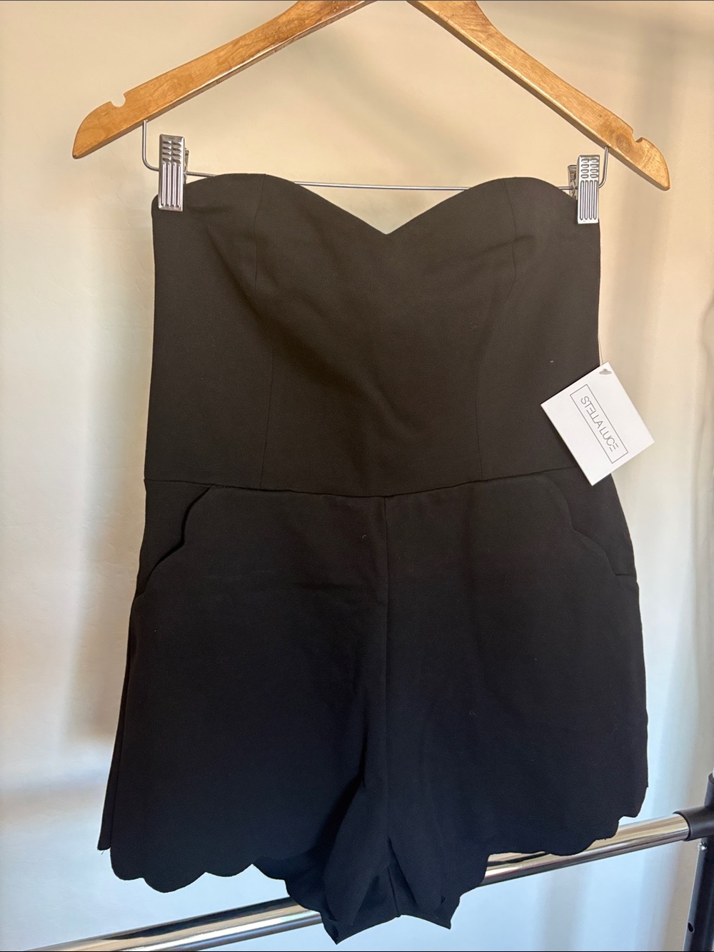 Stella Luce Black Strapless Sweetheart Romper with Scallop Hem